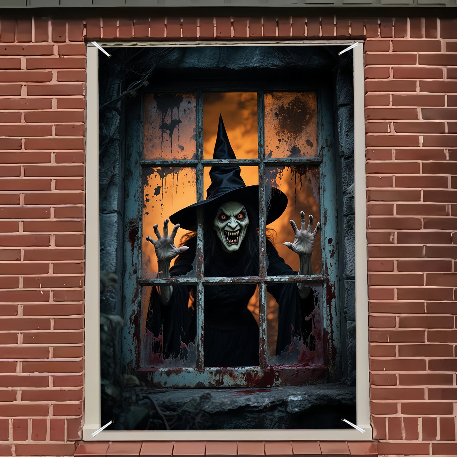 Halloween Party Banner | Grote polyester wanddecoratie met heks design, 200x120 cm, indoor/outdoor