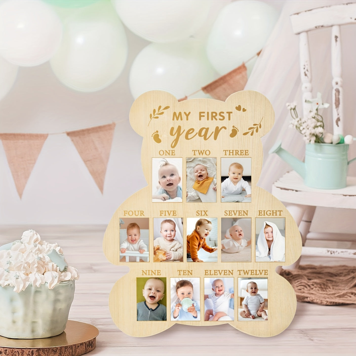Houten Beer Vormige Fotolijst | Eerste Jaar Mijlpaallijst van Baby Kamerdecor Souvenir Cadeau