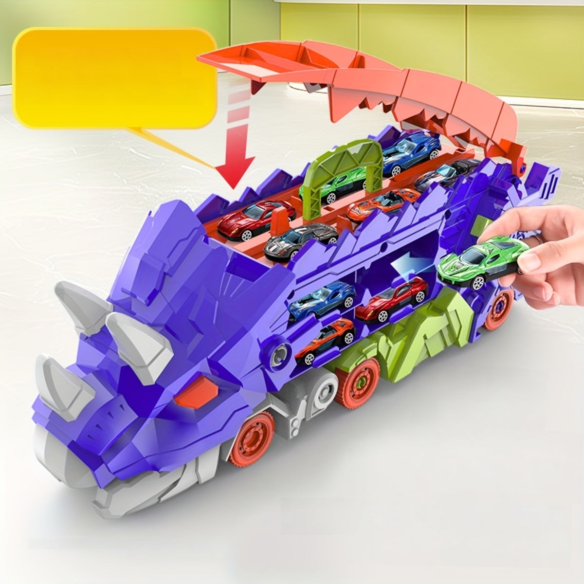 Triceratops Transport Truck 3-in-1 Speelset | Transformeerbaar Spoorweg-Lanceervoertuig | Inclusief Meerdere Metaalauto’s | Voor 3+ Jaar | Paars & Groen