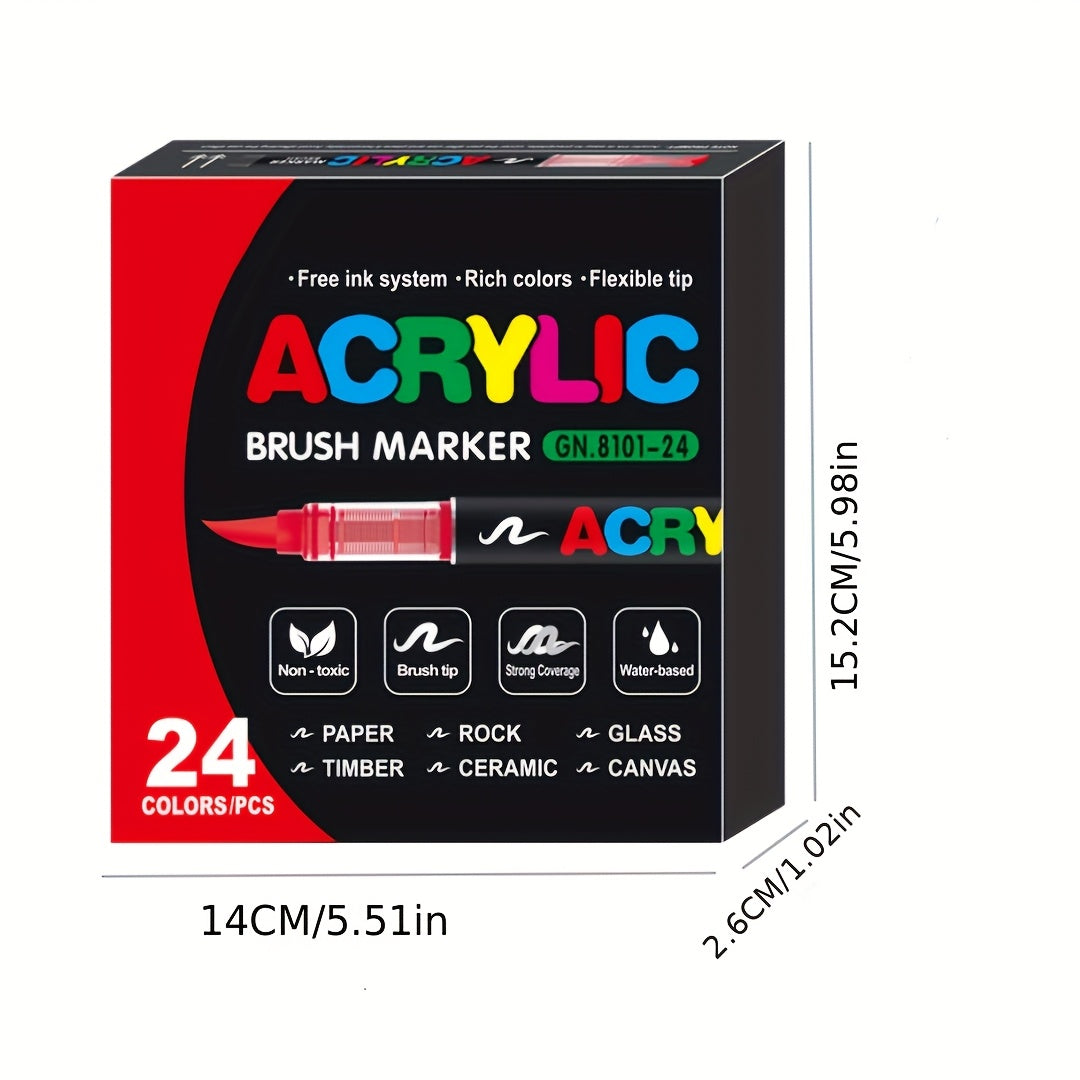 24-delige Acryl Marker Set – Flexibele Penseelpunt | Voor Diverse Oppervlakken