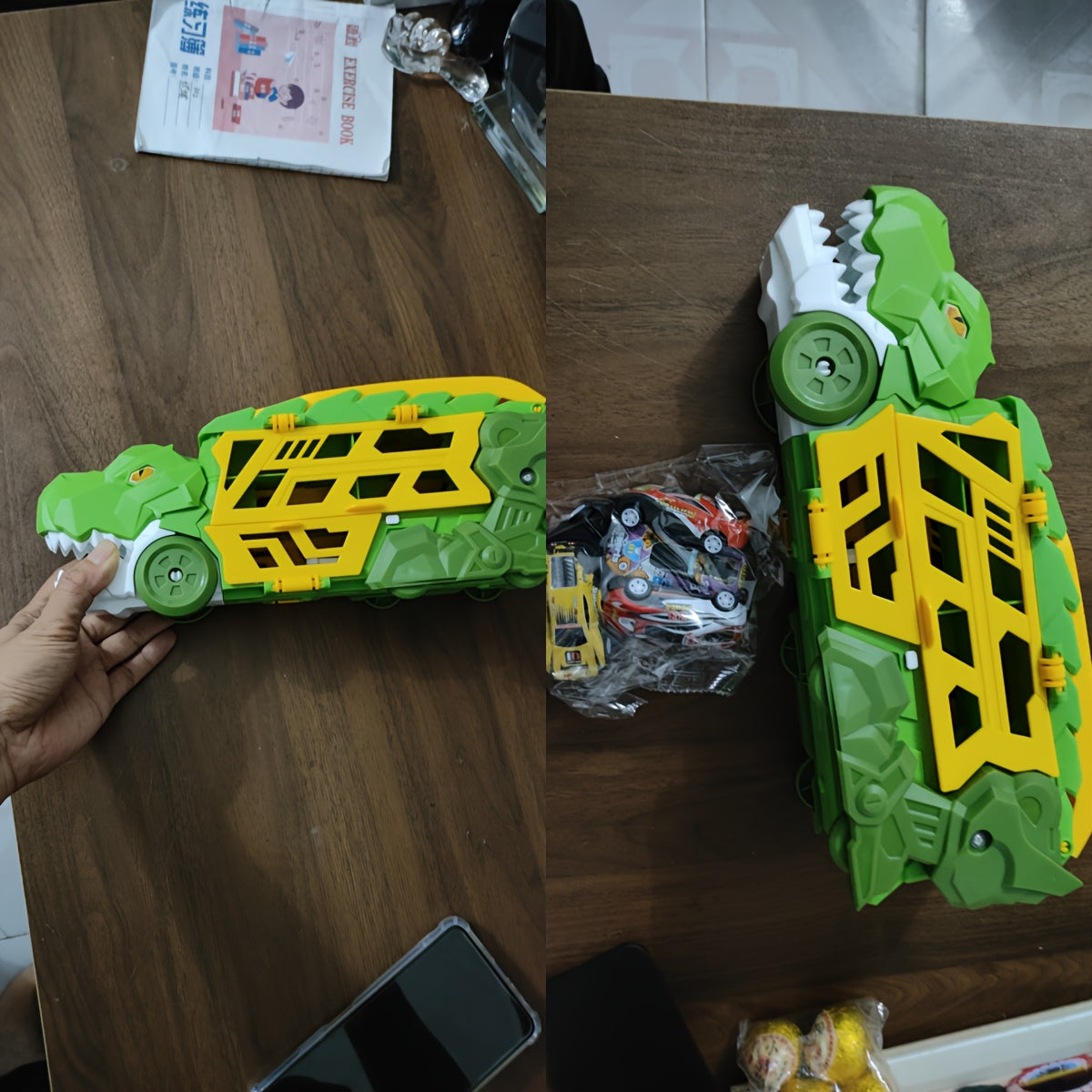 Dinosaurus Transporter Truck met Vouwbare Racebaan & Legering Auto's | Wind-Aangedreven Dino Vrachtwagen | Perfect Cadeau voor Kinderen 3-7 | Blauw & Groen | Educatief Speelgoed