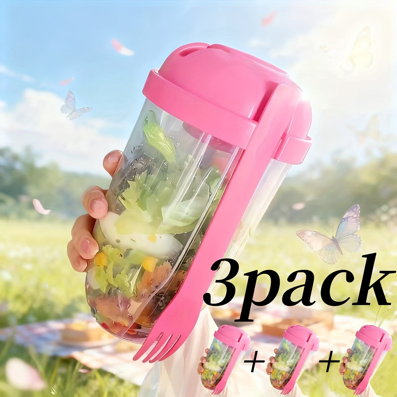 3 Stuks Saladebeker To Go Met Vork en Dressingbakje - 1000ml Gezonde Lunch Shaker Voor Onderweg