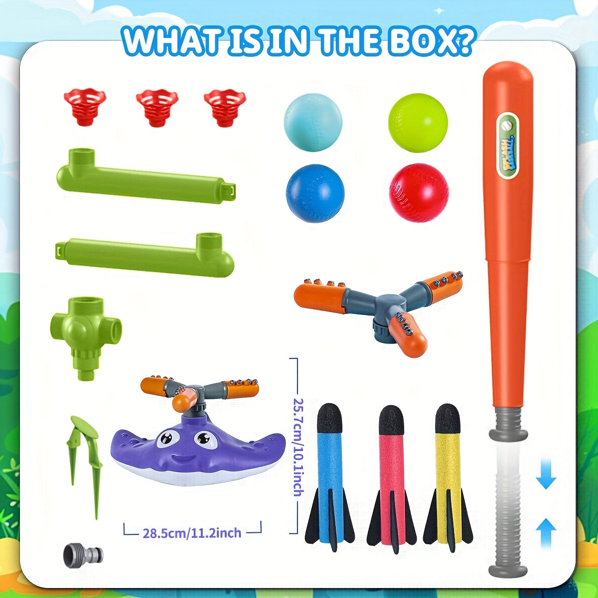 4-in-1 Watersproeier Basebal & Raketlanceerder voor Kinderen – Zomers Buitenspeelgoed met 3 Jets, 360° Draaibare Sproeier & 3 Raketjes – Voor Tuin en Zwembadfeestjes