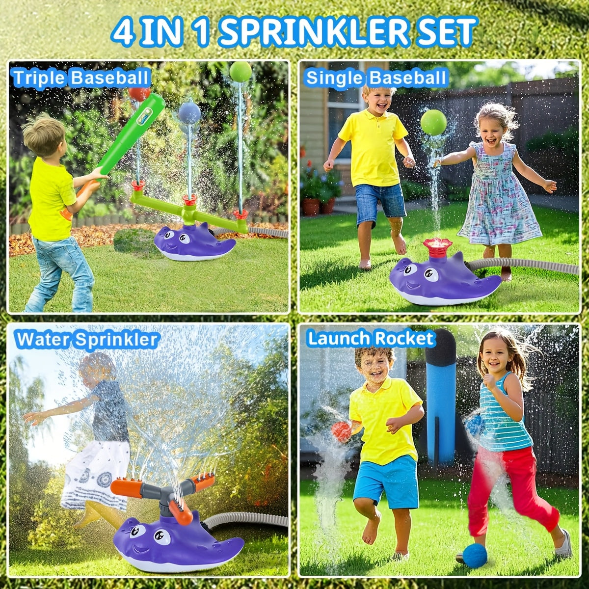 4-in-1 Watersproeier Basebal & Raketlanceerder voor Kinderen – Zomers Buitenspeelgoed met 3 Jets, 360° Draaibare Sproeier & 3 Raketjes – Voor Tuin en Zwembadfeestjes