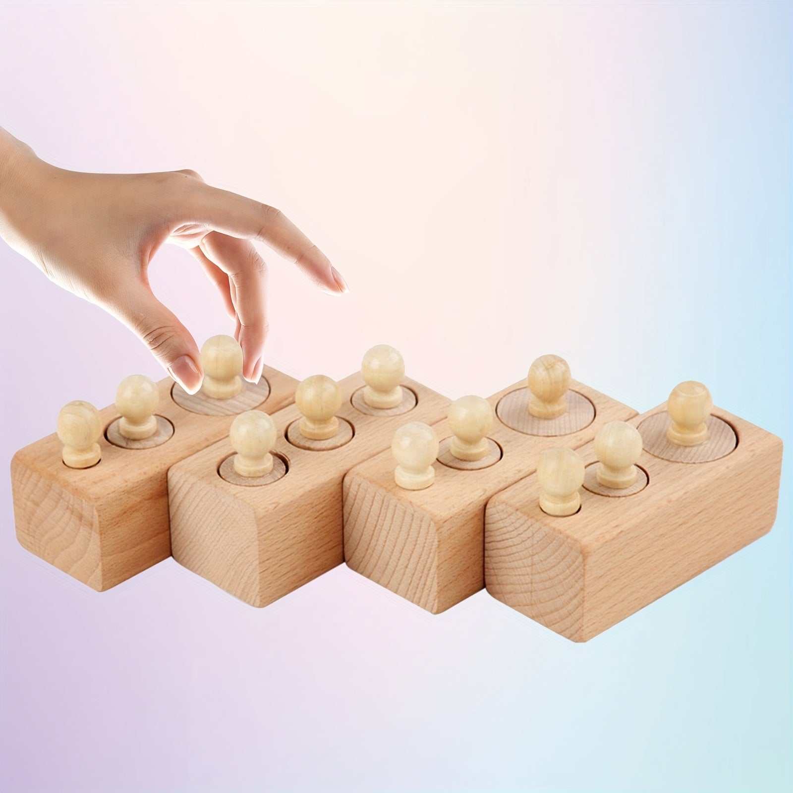 4-delige Houten Cilinderblokken Set met Knoppen | Sensorisch Educatief Speelgoed | Geschikt voor Peuters vanaf 3 Jaar