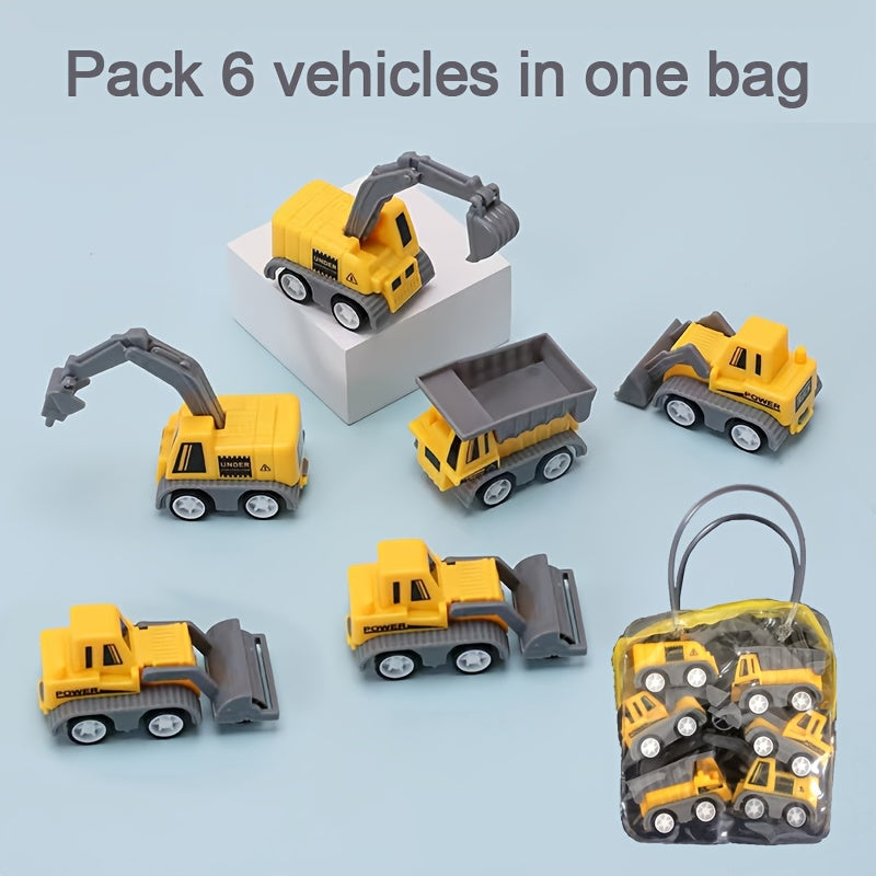 A set van 6 miniatuur bouwvoertuigen speelgoedsets, met handvat en gele kraan, graafmachine en truckmodellen – perfect als kerstcadeau, feestverrassing of taartdecoratie