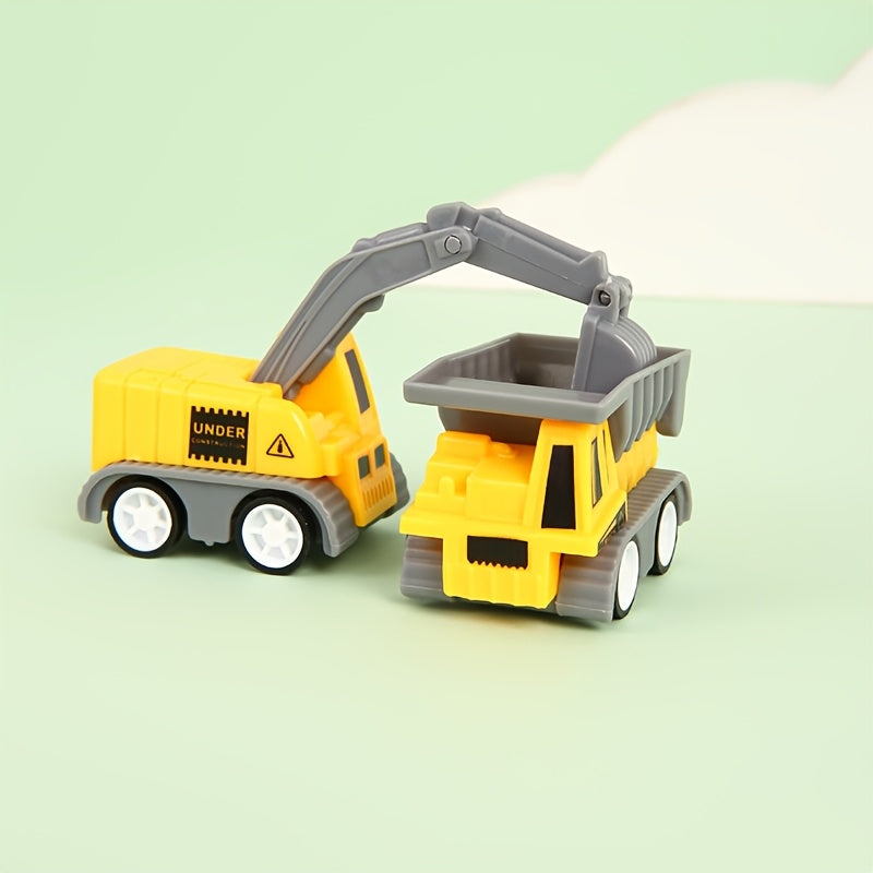 A set van 6 miniatuur bouwvoertuigen speelgoedsets, met handvat en gele kraan, graafmachine en truckmodellen – perfect als kerstcadeau, feestverrassing of taartdecoratie