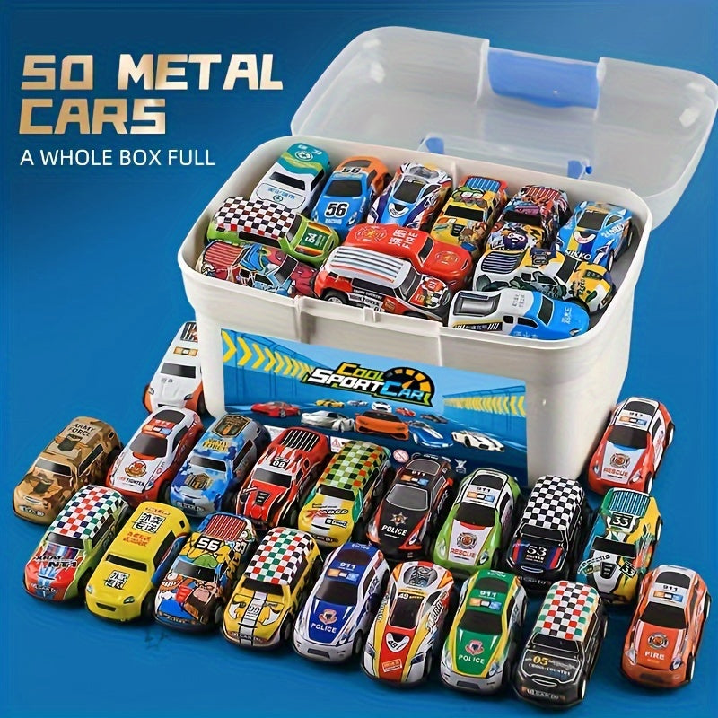 Set van 50 Miniatuur Metalen Auto's met Doos - Wrijving Voertuigen, Diverse Kleuren, Voor Kinderen van 3 tot 6 Jaar