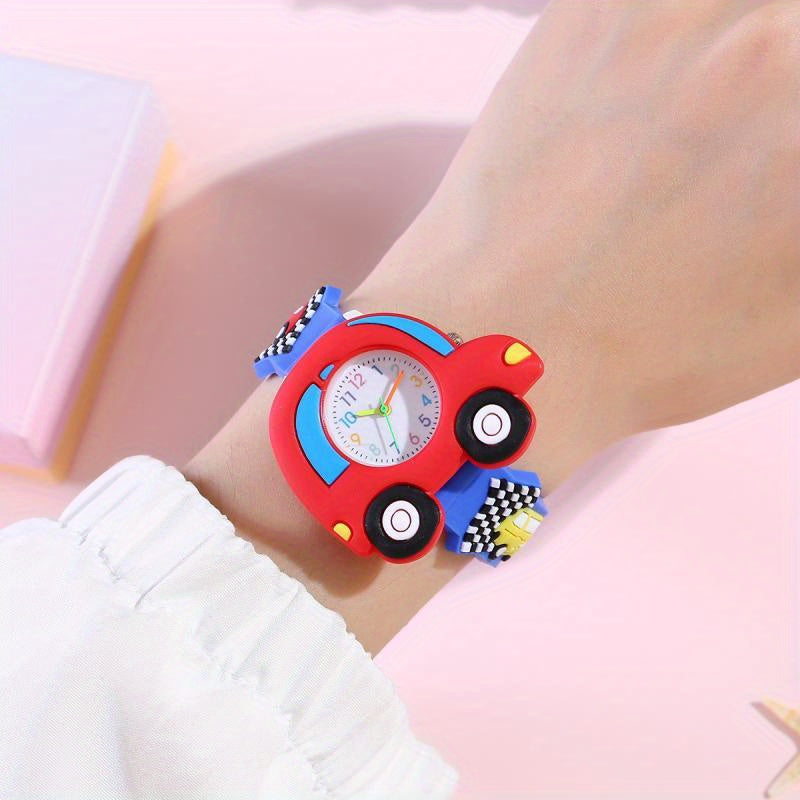 3D Raceauto Kinderhorloge | Stoere Quartz Watch met Rood-Zwarte Band | Modeaccessoire | Voor Kinderen
