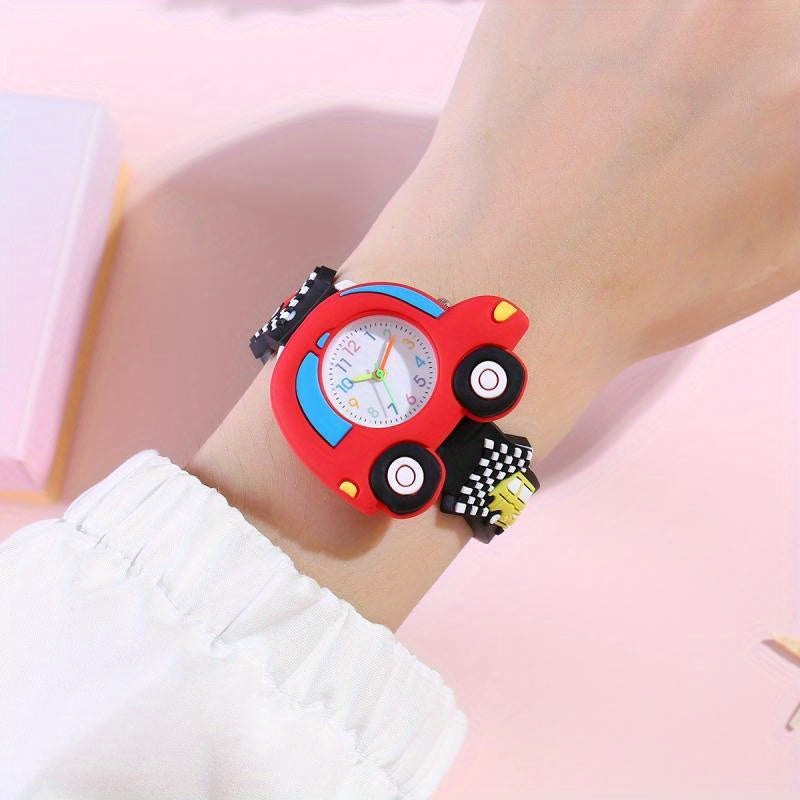 3D Raceauto Kinderhorloge | Stoere Quartz Watch met Rood-Zwarte Band | Modeaccessoire | Voor Kinderen