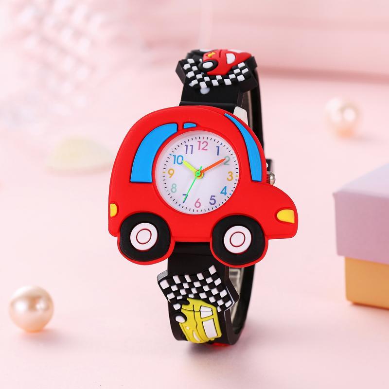 3D Raceauto Kinderhorloge | Stoere Quartz Watch met Rood-Zwarte Band | Modeaccessoire | Voor Kinderen