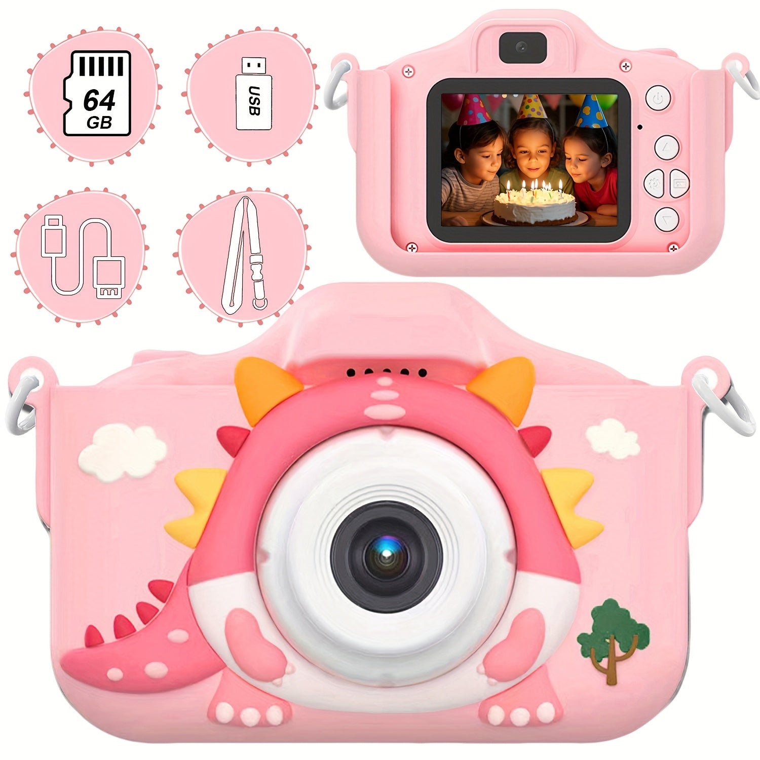 Digitale Kindercamera voor Kinderen vanaf 6 Jaar - HD Fototoestel met Selfiecamera voor Jongens en Meisjes - Inclusief 64GB Geheugenkaart als Perfect Cadeau