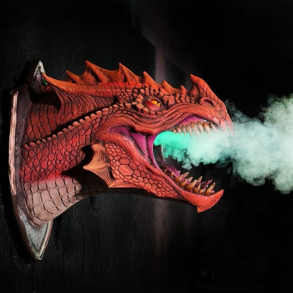 Epische Drakenkop Muurdecoratie met Rook en LED Vuur - Handgemaakt Fantasy Kunstwerk voor aan de Muur - Uniek Cadeau voor DND en Fantasy Liefhebbers