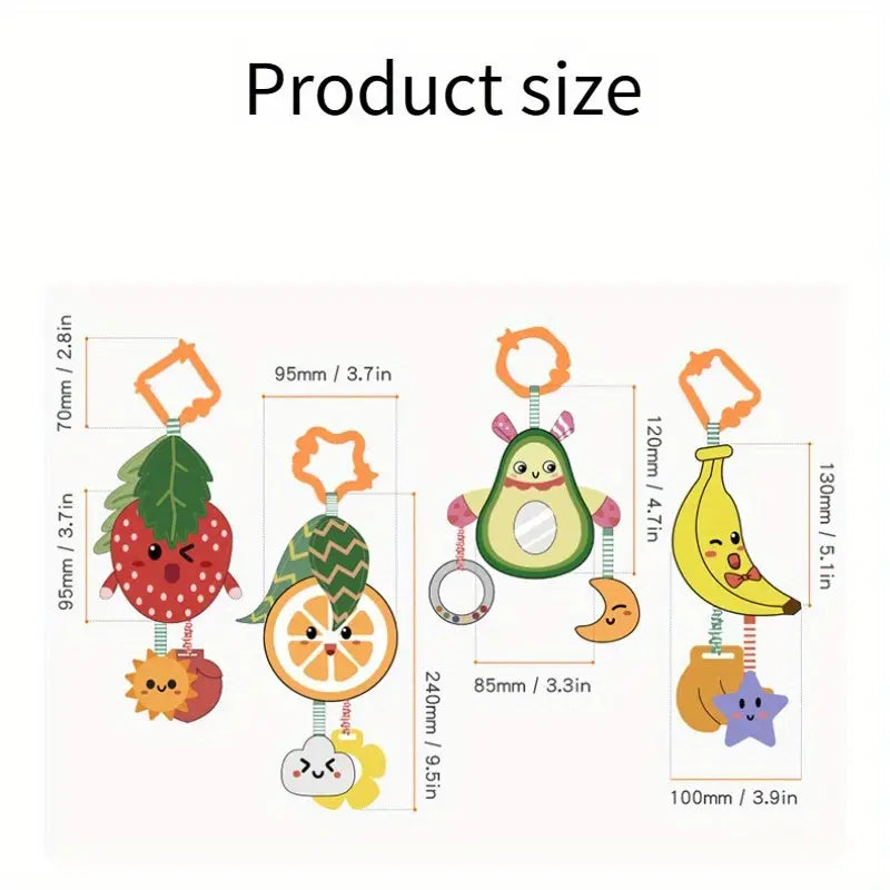 4-delige Baby Wagenspiraal Rammelaar | Pluche Speelgoed met Fruitdesign en Bevestiging