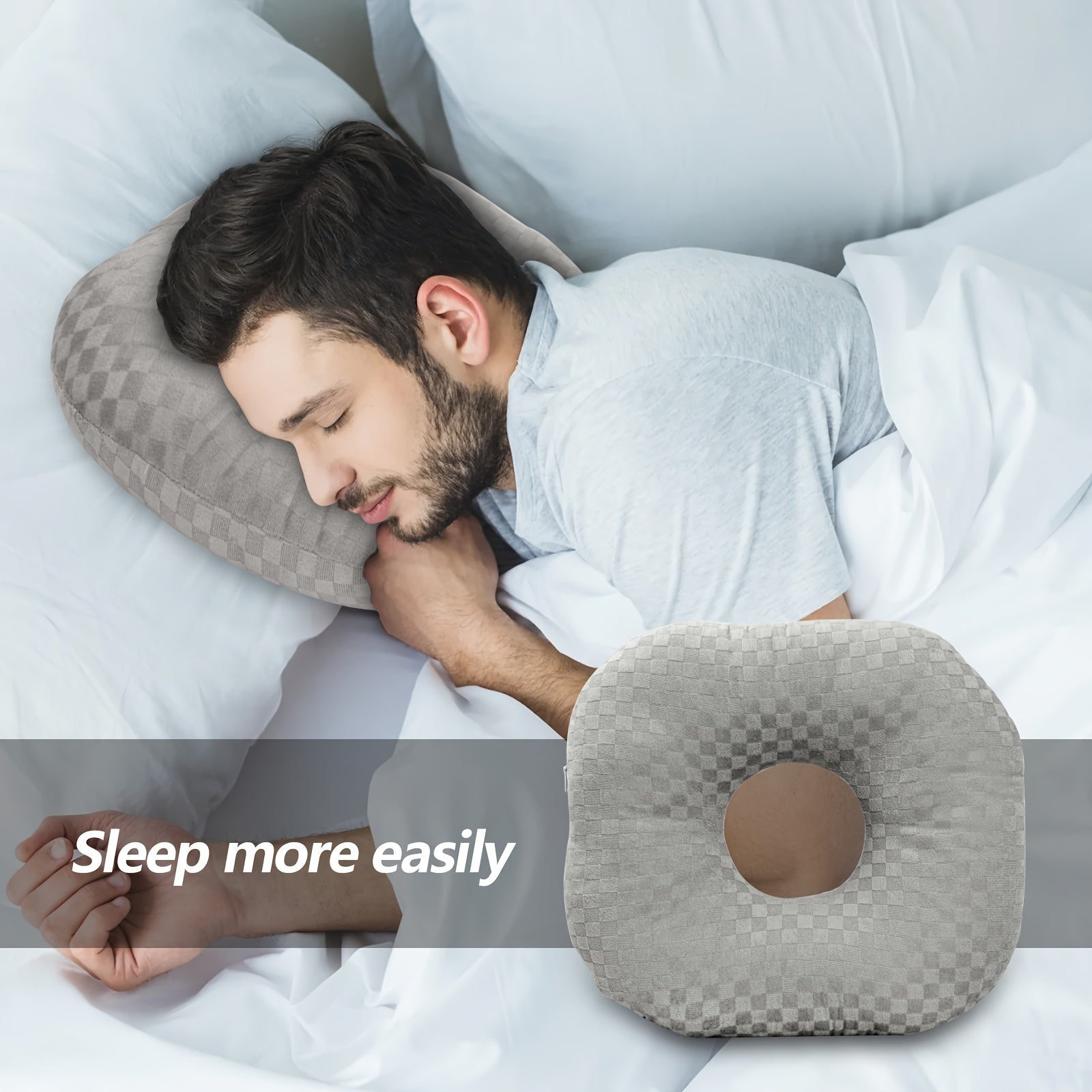 Hypoallergeen Zijslaapkussen met Oorgat - Zacht, Wasbaar, Voor Oorpijn, Grijs