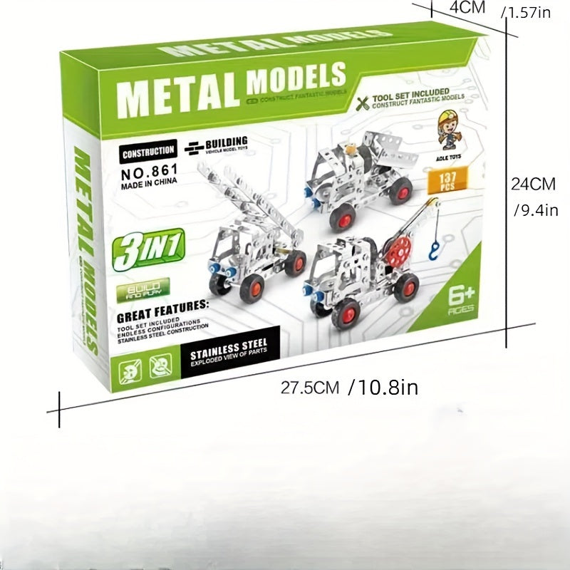 3-in-1 bouwset van 137 metalen onderdelen - Educatief speelgoed, ideaal als verjaardagscadeau.