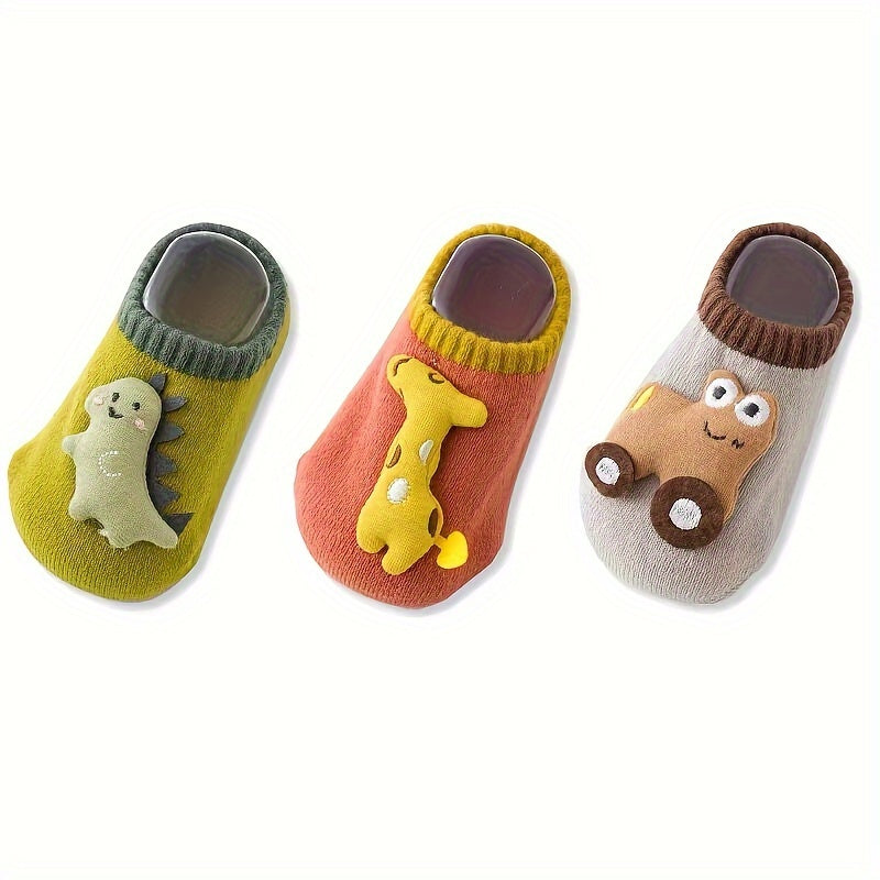 3 Paar Baby Jongens Cartoon Dieren Dino Decor Onderkant Rubberen Antislip Sportsokken | Comfortabele, Ademend Zachte Sokken voor Baby's