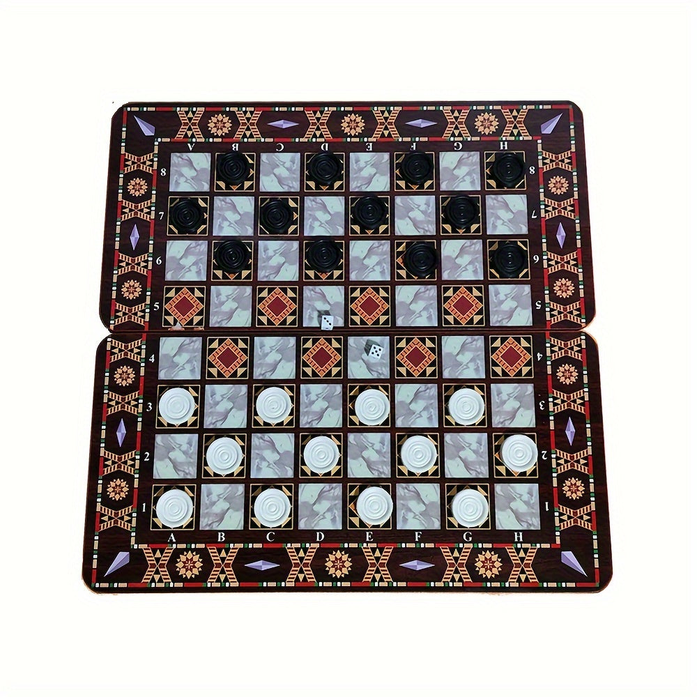 3-in-1 Internationaal Schaakspel 34cm – Dubbel Laag Bord met Hinkelspel | Klassiek Familiespel
