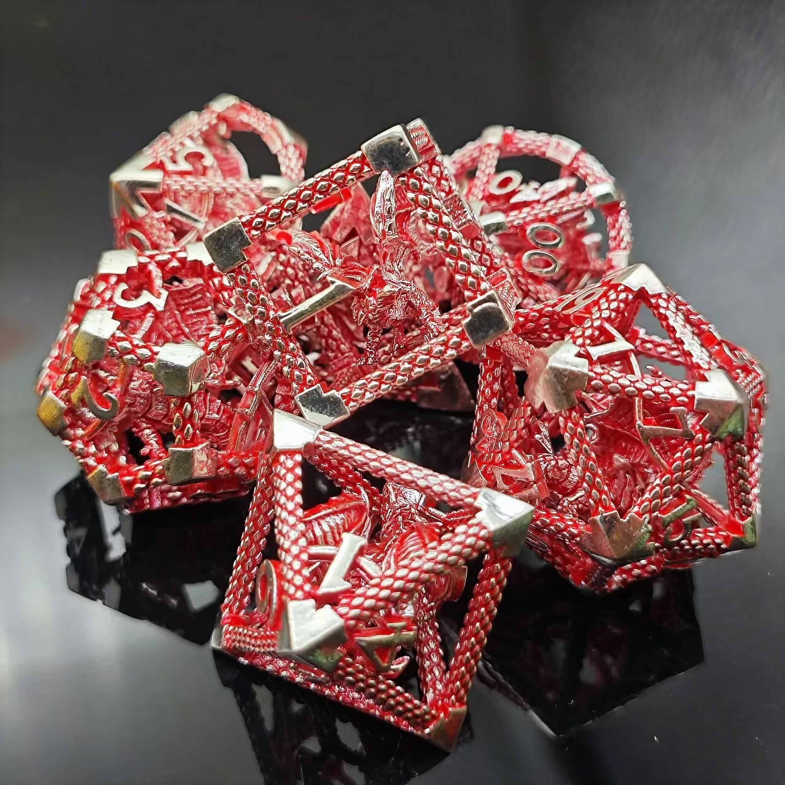 Metalen 3D Drakendobbelstenen – D&D RPG en Rekenonderwijs Set