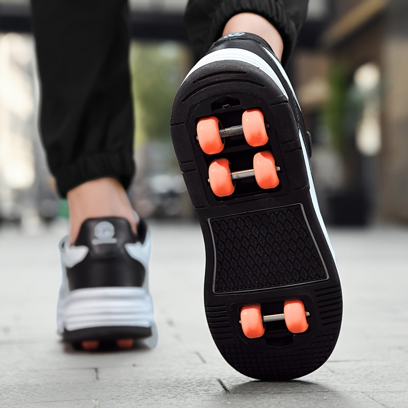 Coole Rolschaats Schoenen voor Kinderen en Tieners (t/m 14 Jaar) - Zwart/Wit Retro Sneakers met 6 Wieltjes - Unisex Sportschoenen voor Jongens en Meisjes