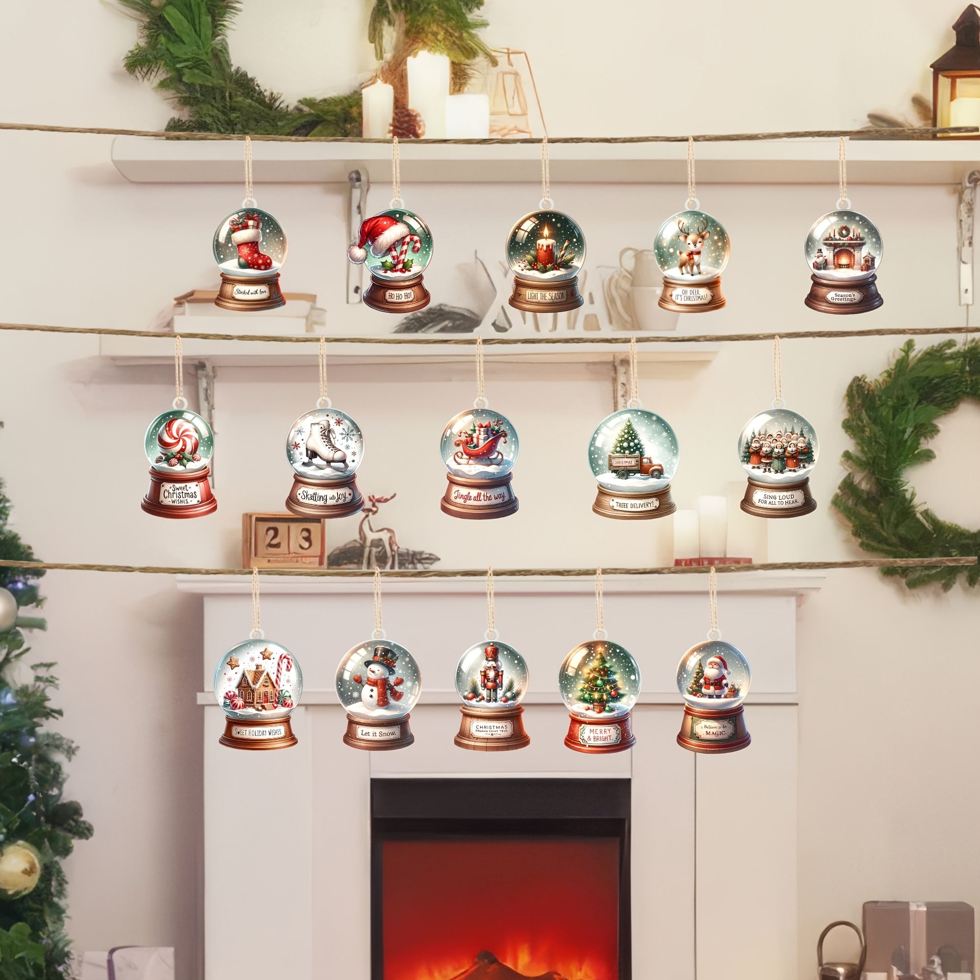 Set van 15 Houten Sneeuwbol Ornamenten - Kerstboom- en Huisdecoratie, Uniek Vakantiecadeau