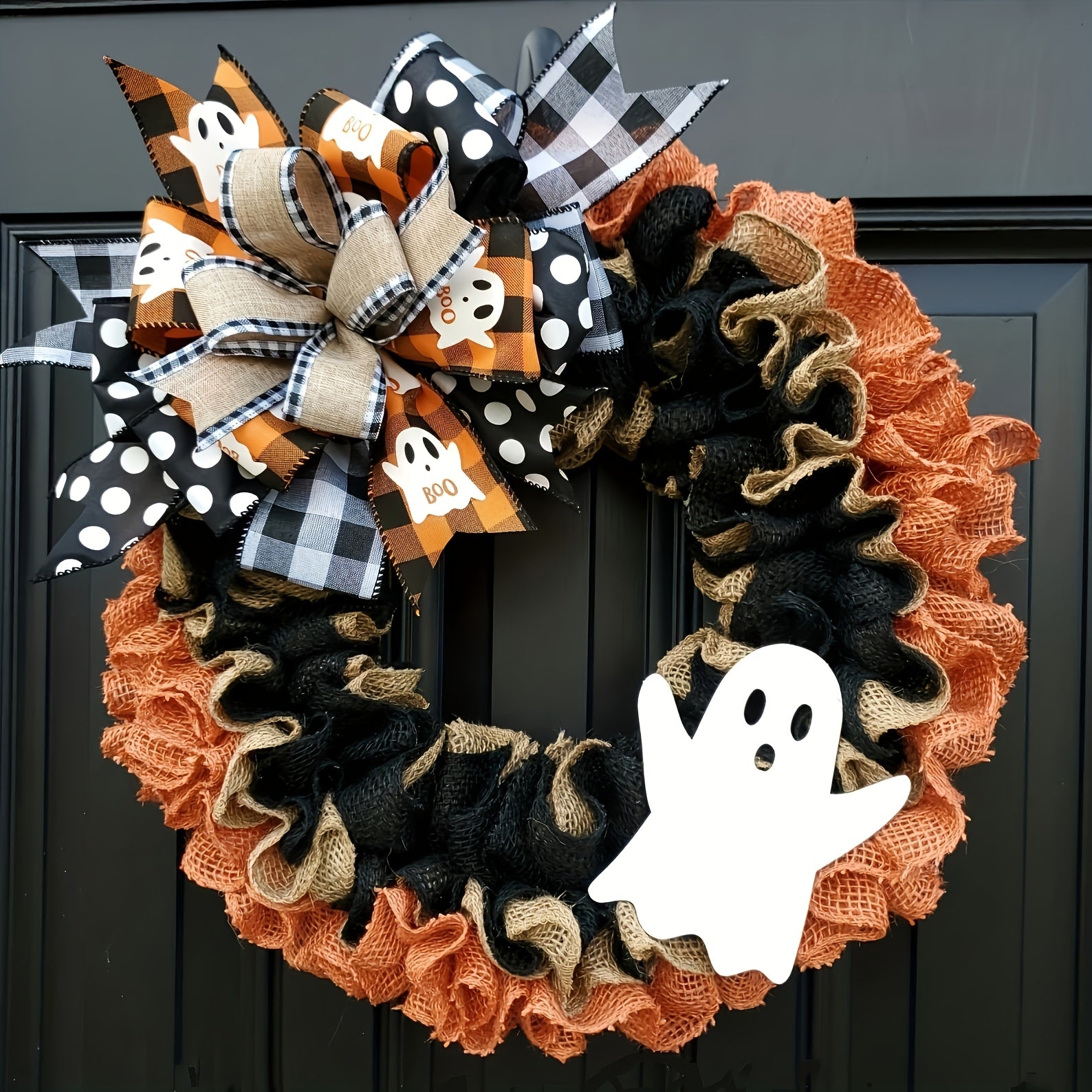 Halloween Deurkrans Groot | Hanger met oranje lint, zwart strik en herfstdecoratie, binnen/buiten gebruik