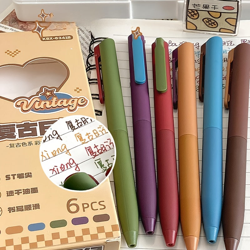 6-Delige Vintage Gelpennen Set | 0.5mm Sneldrogende Fijnschrijvers – Voor Notities, Tekenen & Schoolgebruik