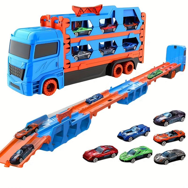 Grote Opvouwbare Racebaan | Set van 6 Transformerende Auto’s, Opbergcontainer Vrachtwagen met Legering, Perfect Cadeau voor Halloween & Kerst