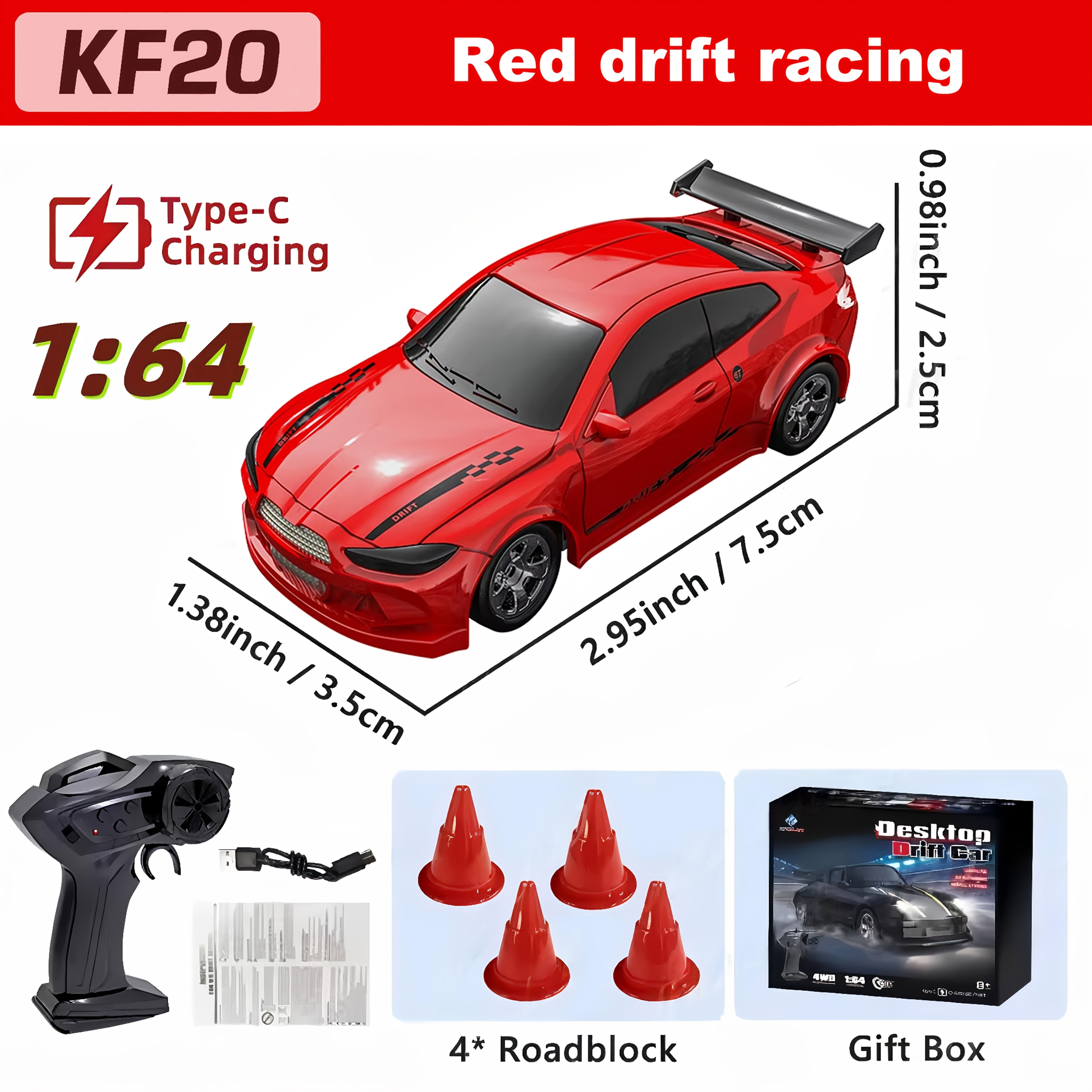 1/64 RC Drift Auto | 2.4GHz Afstandsbediening, LED, USB-C Snelladen, Raceauto