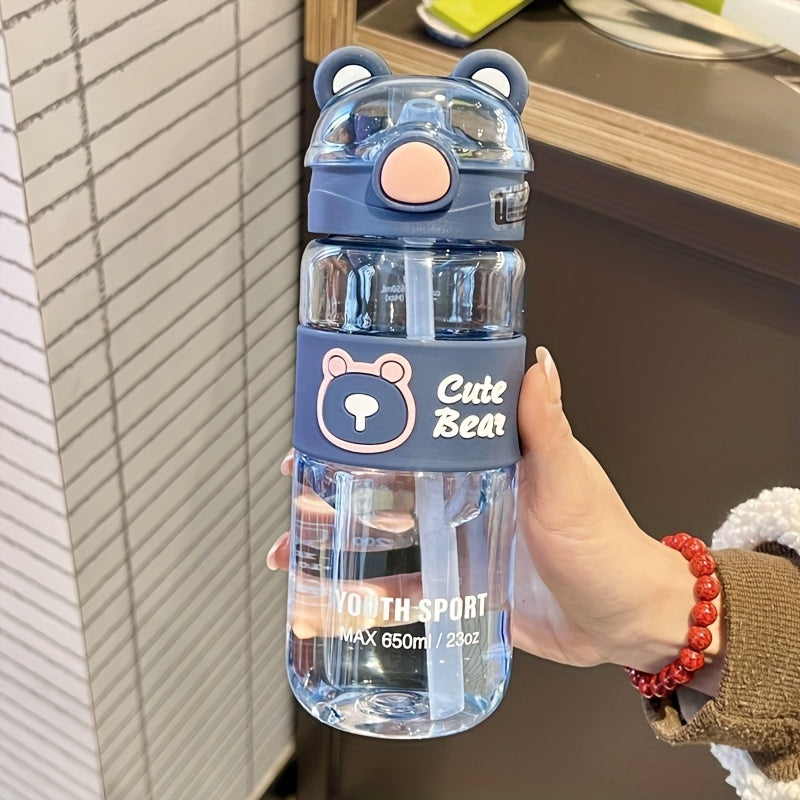 650ml beren drinkfles | Cartoon waterfles met rietje & handvat