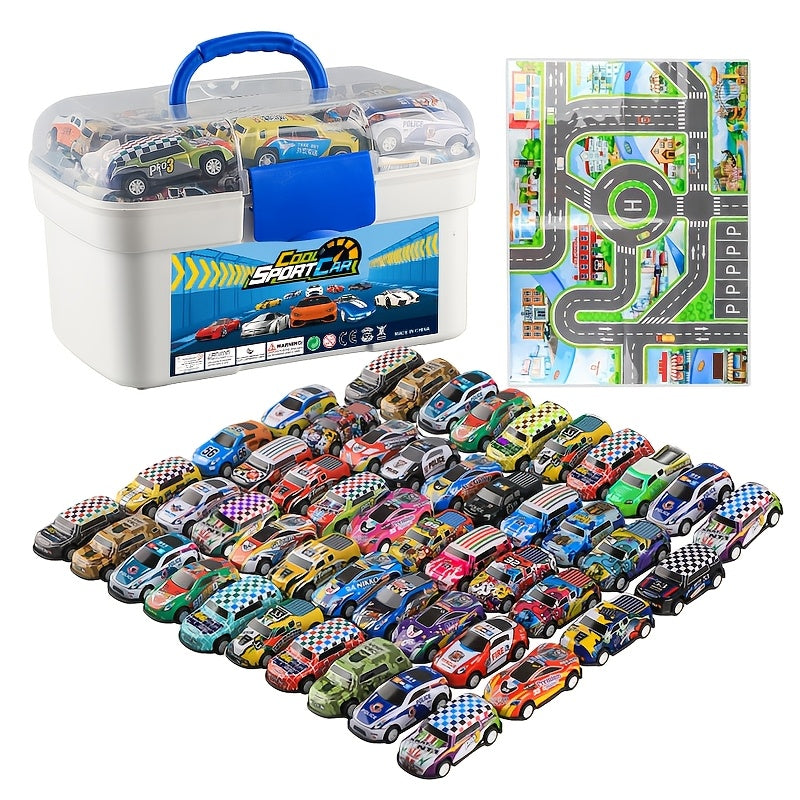 Set van 50 Miniatuur Metalen Auto's met Doos - Wrijving Voertuigen, Diverse Kleuren, Voor Kinderen van 3 tot 6 Jaar