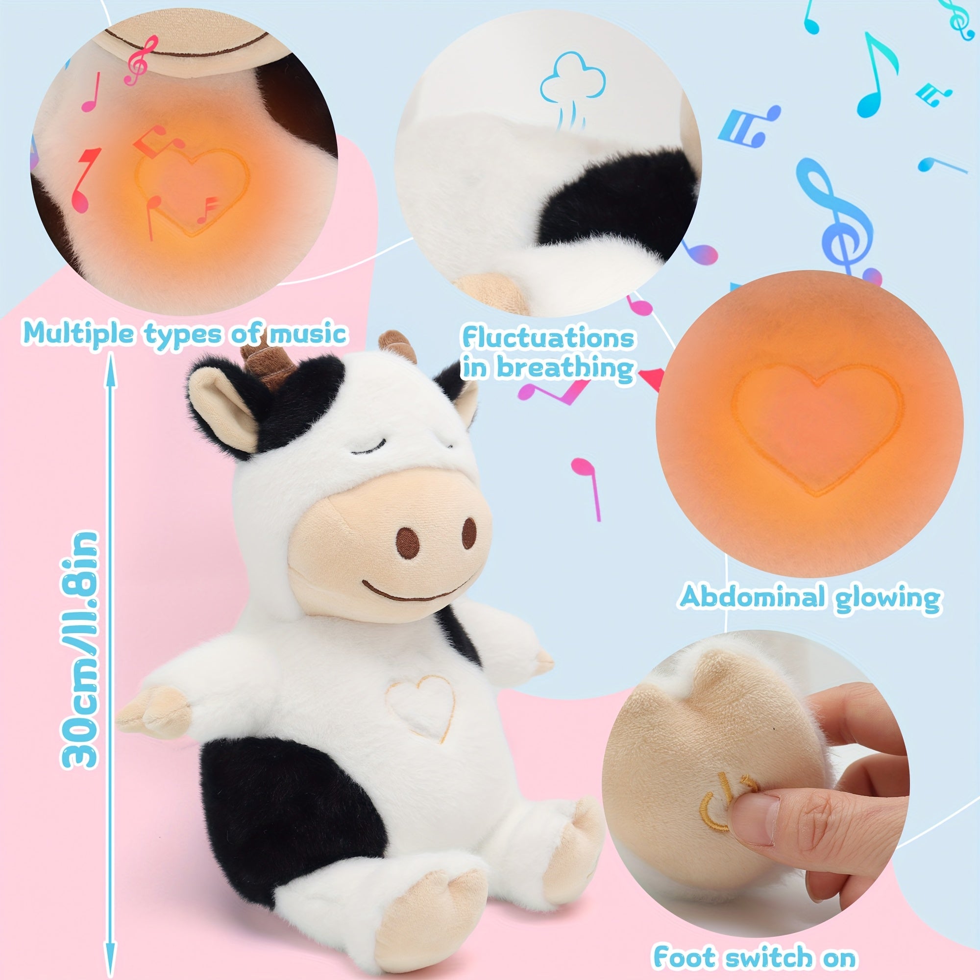 Muzikale Ademende Knuffelkoe – Nachtlampje & Hartslagfunctie | Zacht Knuffeldier met 8 Slaapliedjes, Verjaardag- en Kerstcadeau voor Kinderen
