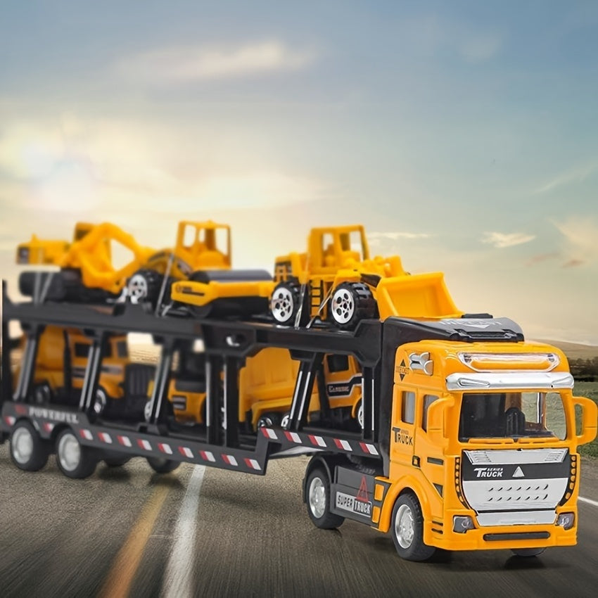 32cm Die-Cast Truck Set | 1x Vrachtwagen + 6 Mini Bouwvoertuigen | Vanaf 3 Jaar