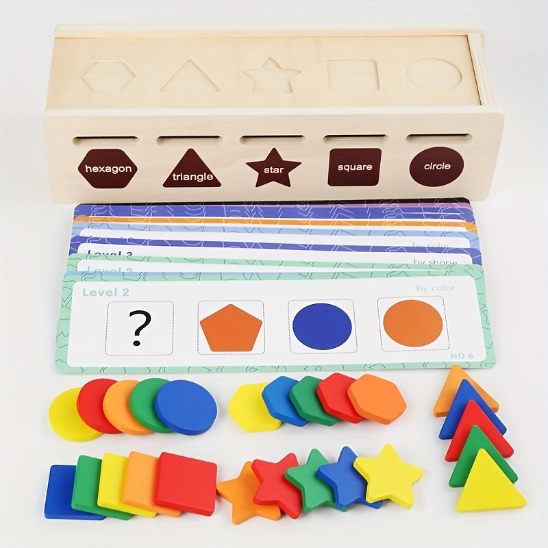 Houten Kleur- en Vormen Sorteerbox | Vroege Educatie Bouwblokken Puzzels voor Kinderen van 1-3+ Jaar