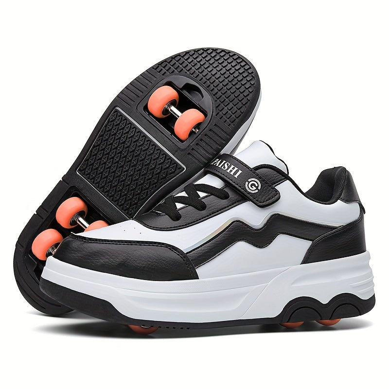 Coole Rolschaats Schoenen voor Kinderen en Tieners (t/m 14 Jaar) - Zwart/Wit Retro Sneakers met 6 Wieltjes - Unisex Sportschoenen voor Jongens en Meisjes