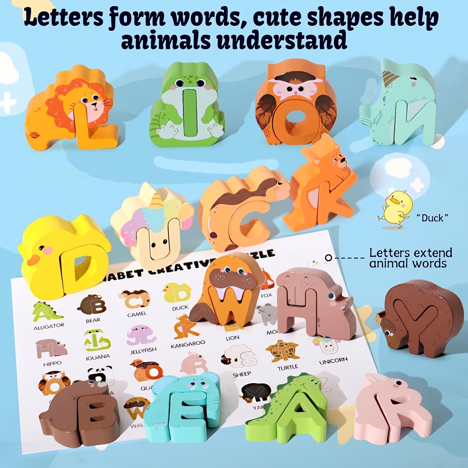 Houten Alfabet Puzzel met Dieren voor Kinderen van 3-5 Jaar - 52 Stuks Educatief Leerspel voor Jongens en Meisjes - Montessori Letters Leren Speelgoed