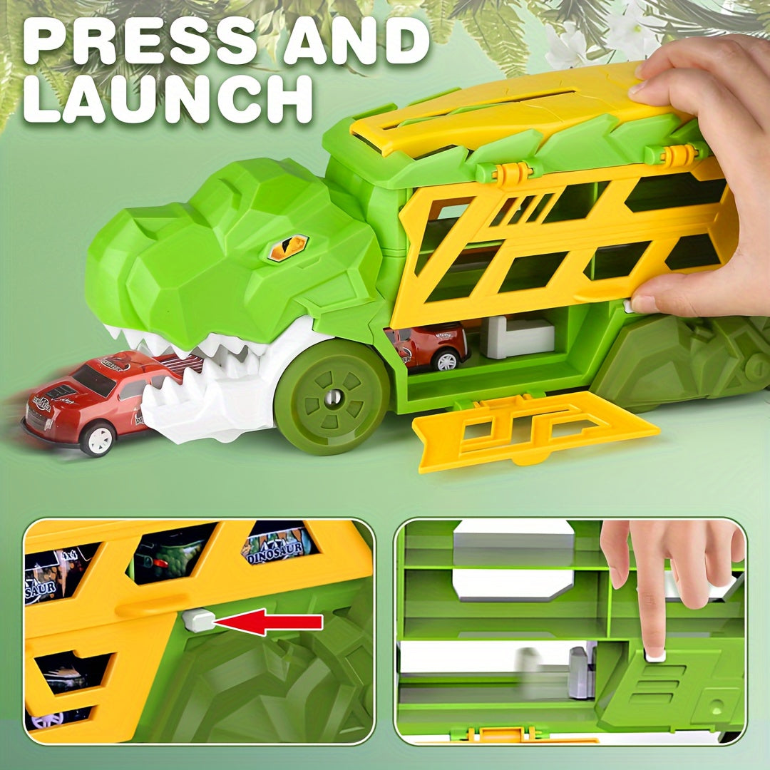 Dinosaurus Transporter Truck met Vouwbare Racebaan & Legering Auto's | Wind-Aangedreven Dino Vrachtwagen | Perfect Cadeau voor Kinderen 3-7 | Blauw & Groen | Educatief Speelgoed
