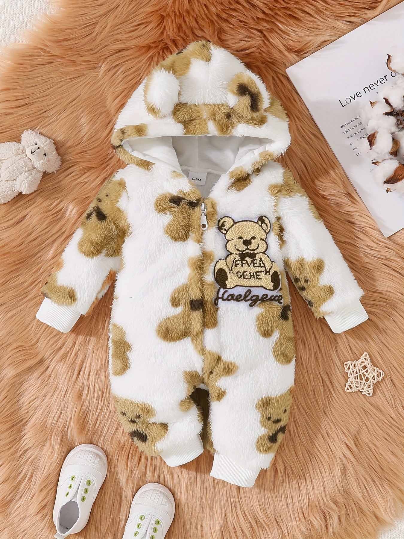 Knuffelige Beer Geborduurde Warme Gevoerde Romper met Capuchon | Onesies Bodysuit voor Peuters