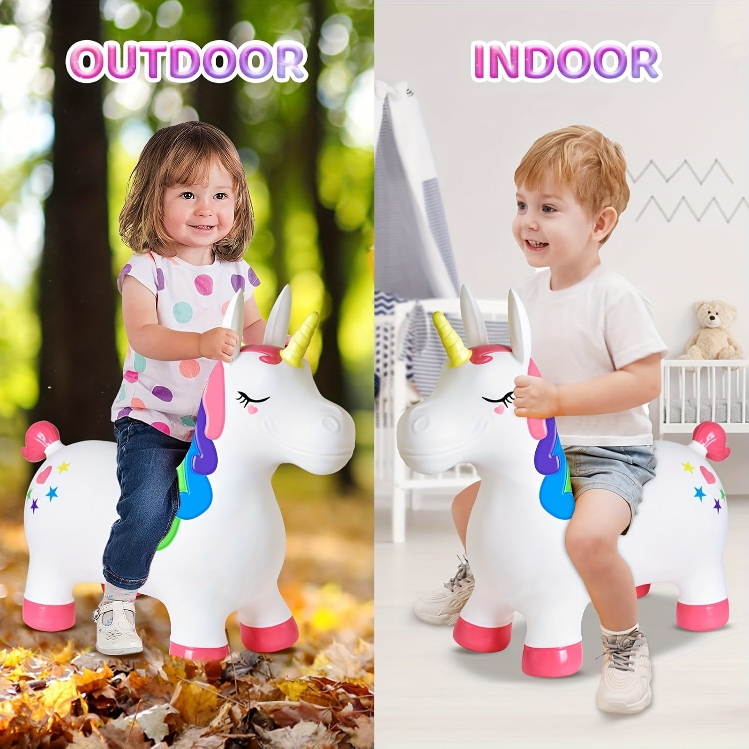 Opblaasbaar eenhoorn springpaard | Duurzaam PVC, kleurrijk ontwerp, cadeau voor 1e verjaardag