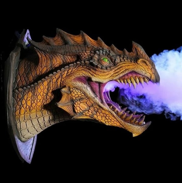 Epische Drakenkop Muurdecoratie met Rook en LED Vuur - Handgemaakt Fantasy Kunstwerk voor aan de Muur - Uniek Cadeau voor DND en Fantasy Liefhebbers