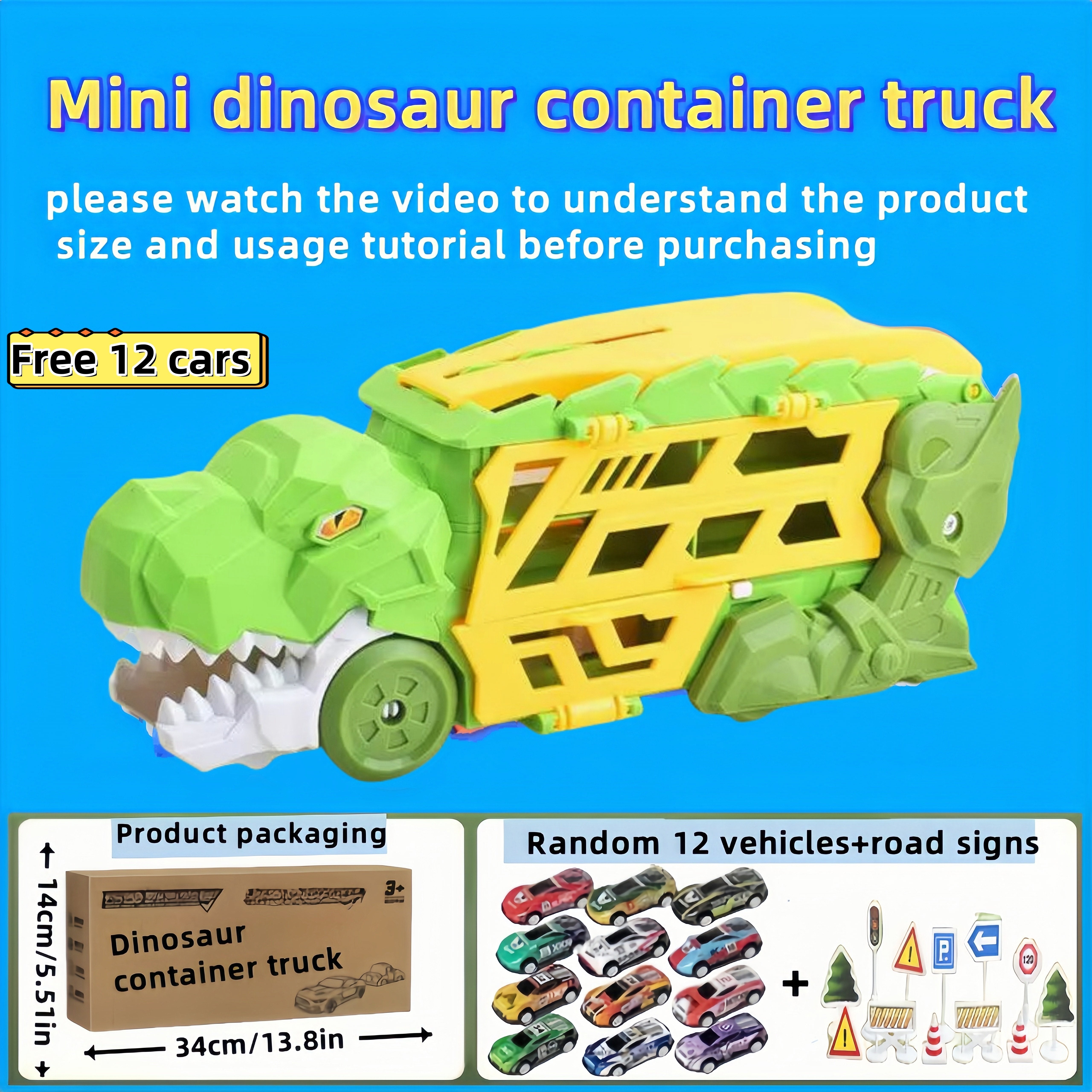 Dinosaurus Transporter Truck met Vouwbare Racebaan & Legering Auto's | Wind-Aangedreven Dino Vrachtwagen | Perfect Cadeau voor Kinderen 3-7 | Blauw & Groen | Educatief Speelgoed