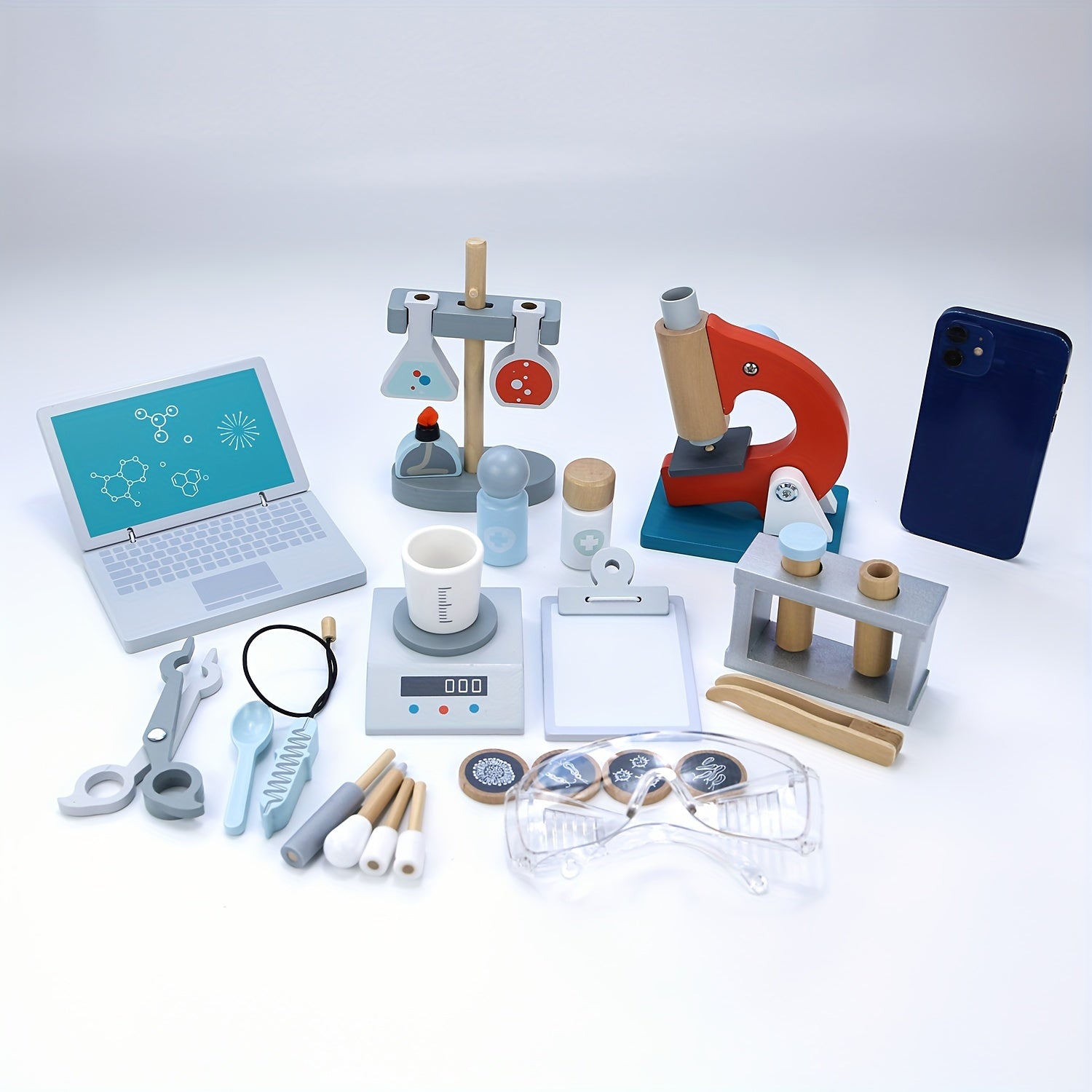 29-delige Houten Wetenschapper Set | STEM Educatief Speelgoed met Laptop, Microscoop & Bekers