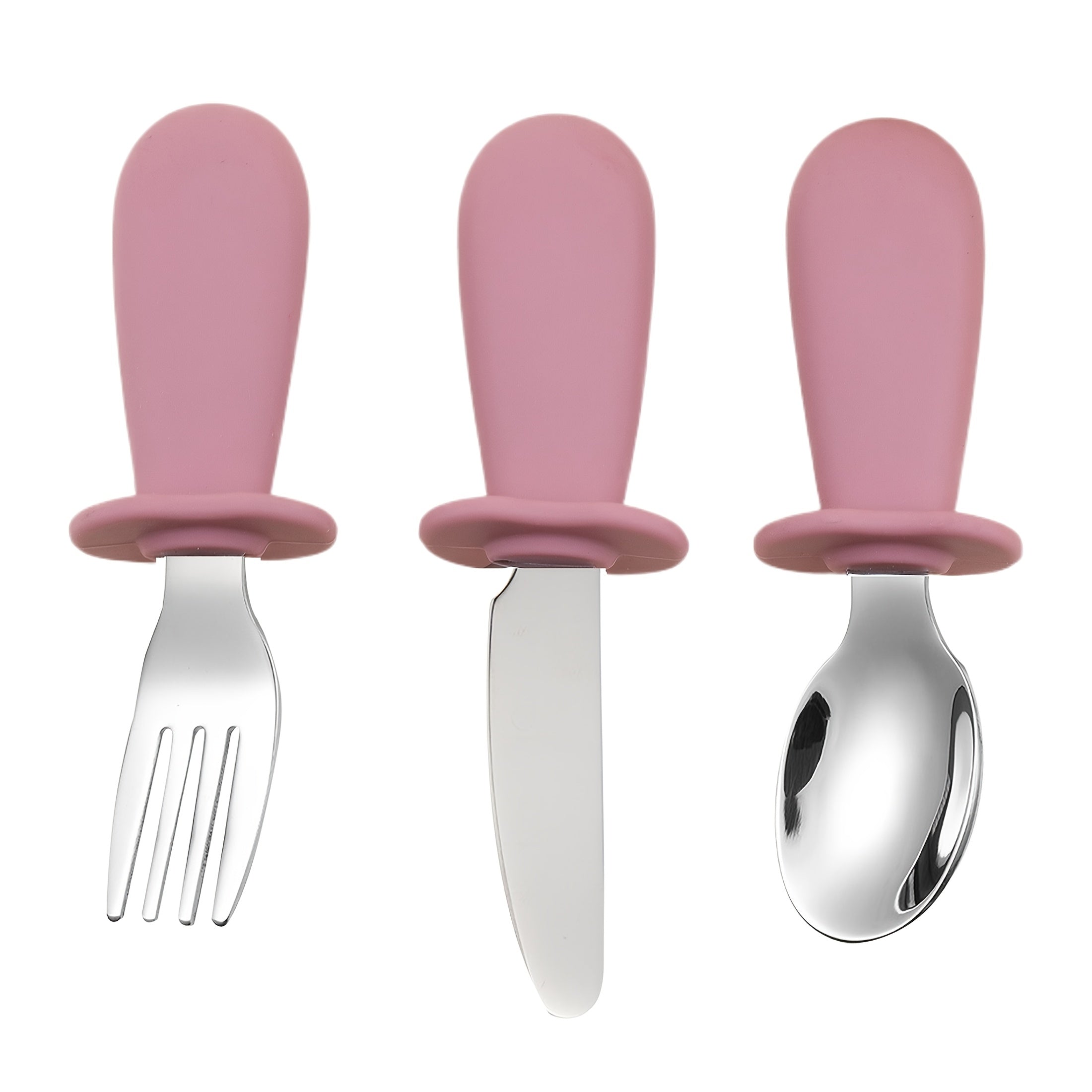 3-delige Rvs Lepel Vork Mes Set met Silicone Handvatten, Zachte Randen, Comfortabele Eetbestek voor Baby's