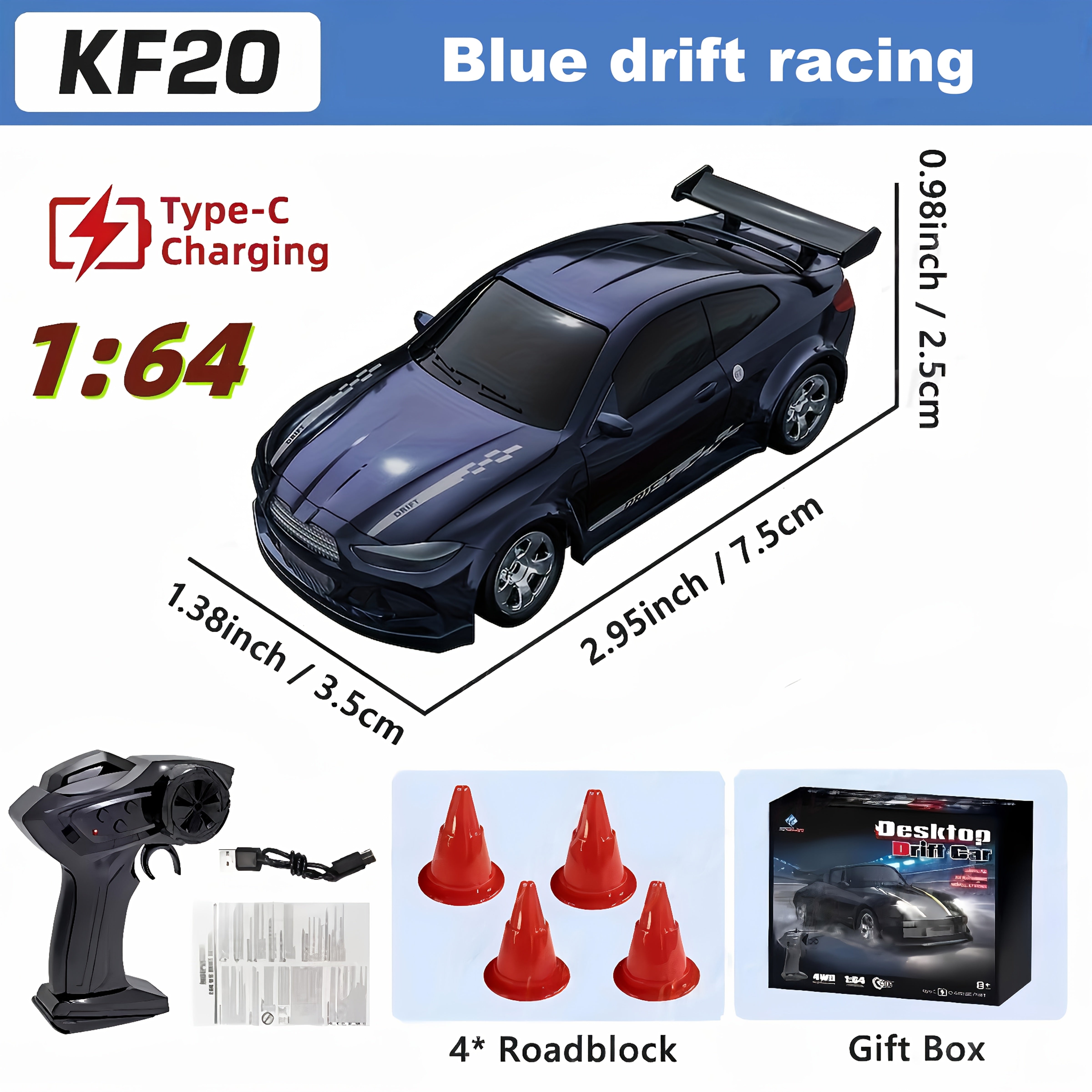 1/64 RC Drift Auto | 2.4GHz Afstandsbediening, LED, USB-C Snelladen, Raceauto