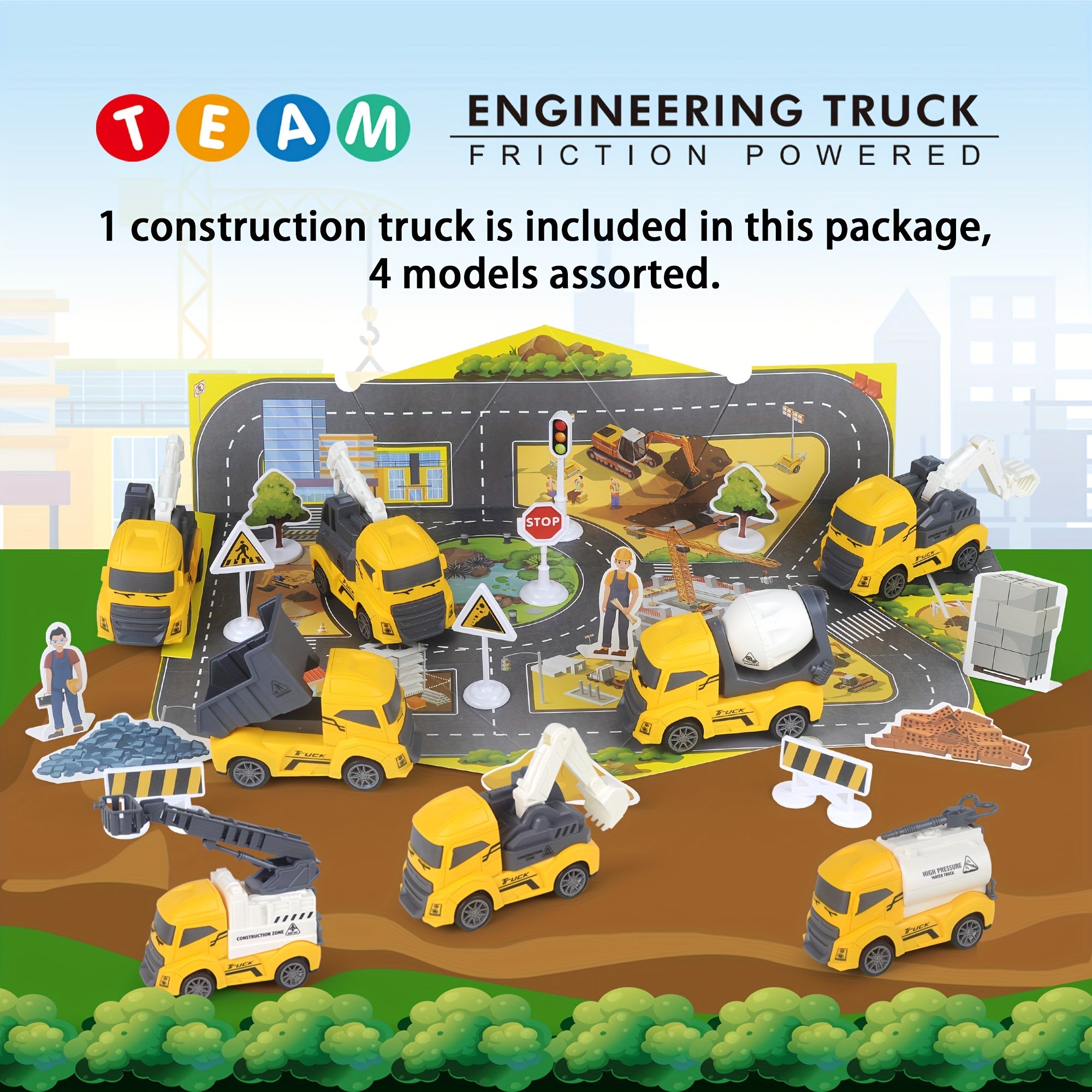 Speelset Bouwvoertuig met Wegborden & Kaarten – Inclusief Willekeurig Voertuig, Educatief Cadeau voor Kinderen