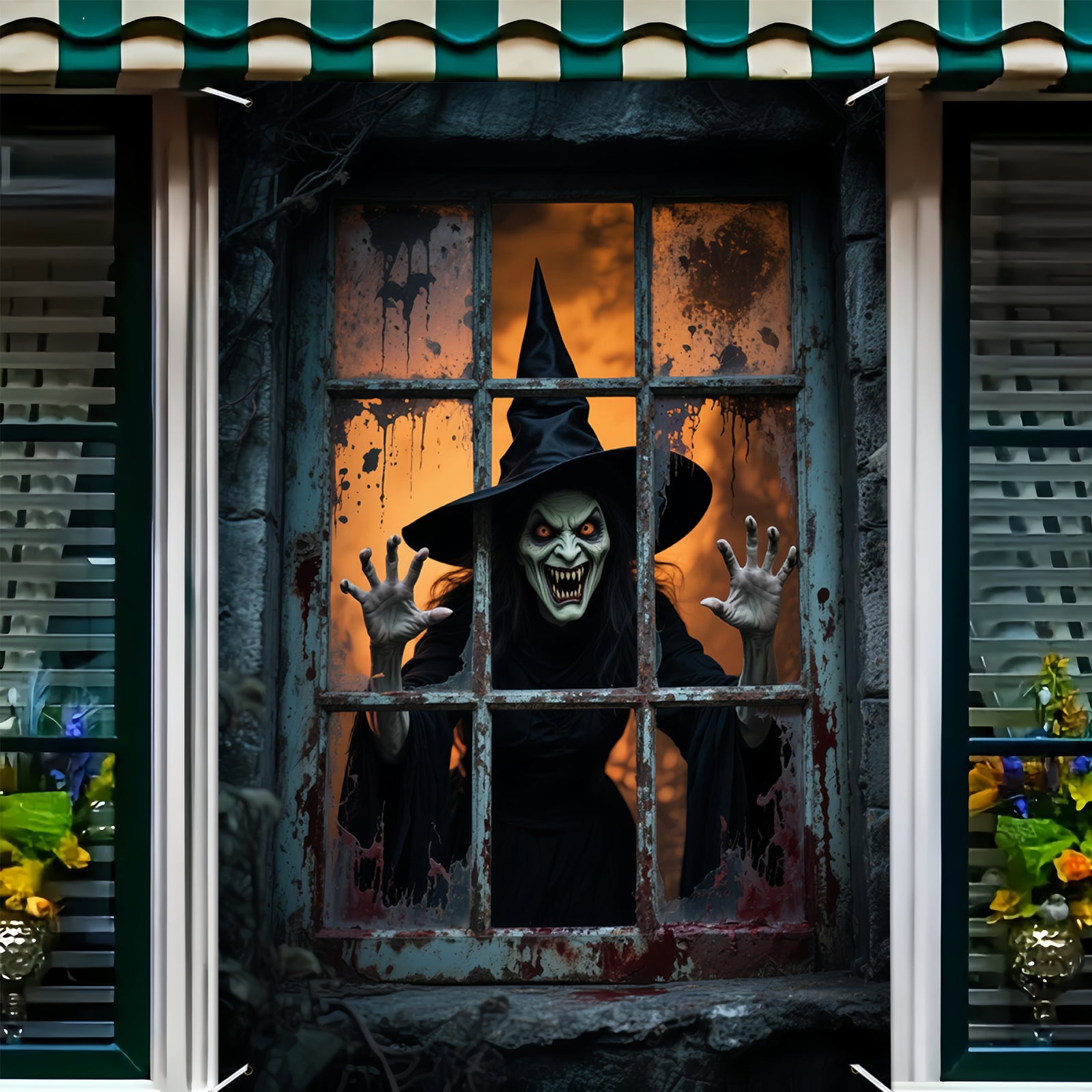 Halloween Party Banner | Grote polyester wanddecoratie met heks design, 200x120 cm, indoor/outdoor