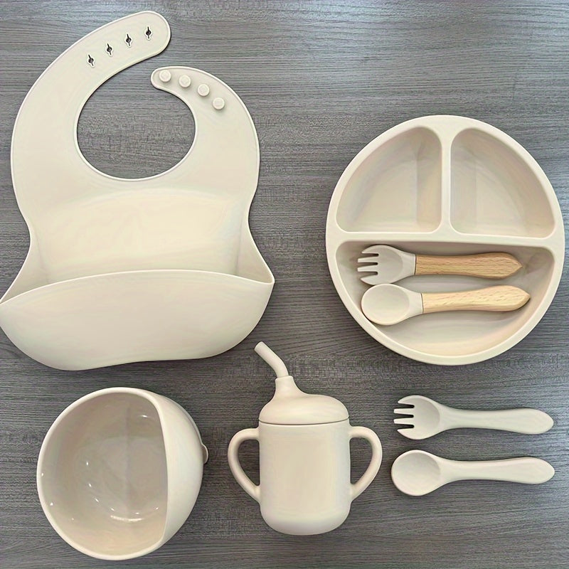 Silicone Baby Eetset | Magnetron- & Ovenbestendig | Voor 0-3 Jaar | Inclusief Zuigplaat, Kom, Bestek, Verstelbare Slab & Snackbeker