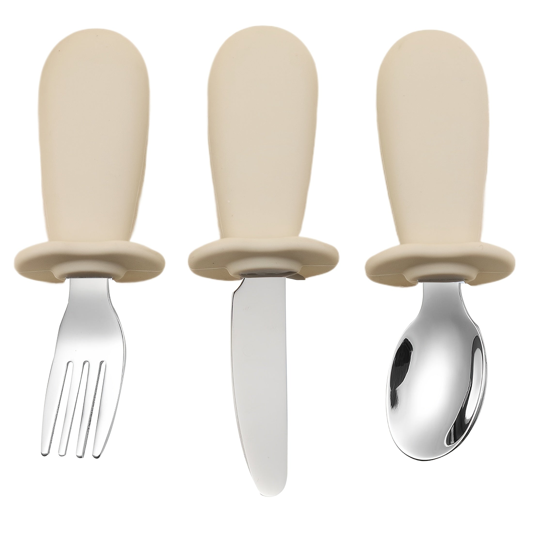 3-delige Rvs Lepel Vork Mes Set met Silicone Handvatten, Zachte Randen, Comfortabele Eetbestek voor Baby's