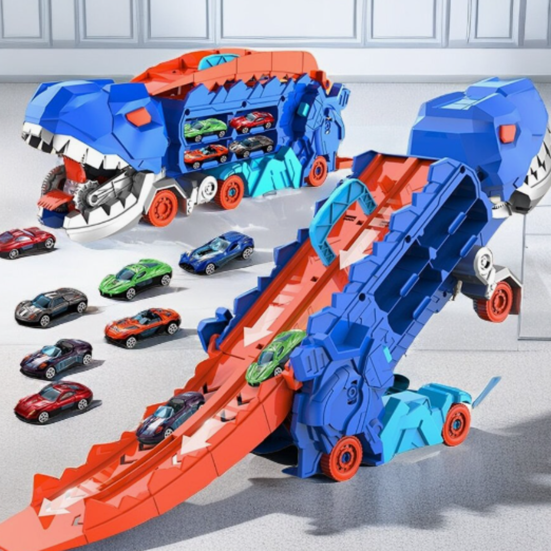 Dinosaurus Transporttruck met Racebanen 3-in-1 speelset met autotransport, opslag en racebanen | Dynamisch speelgoed voor kinderen