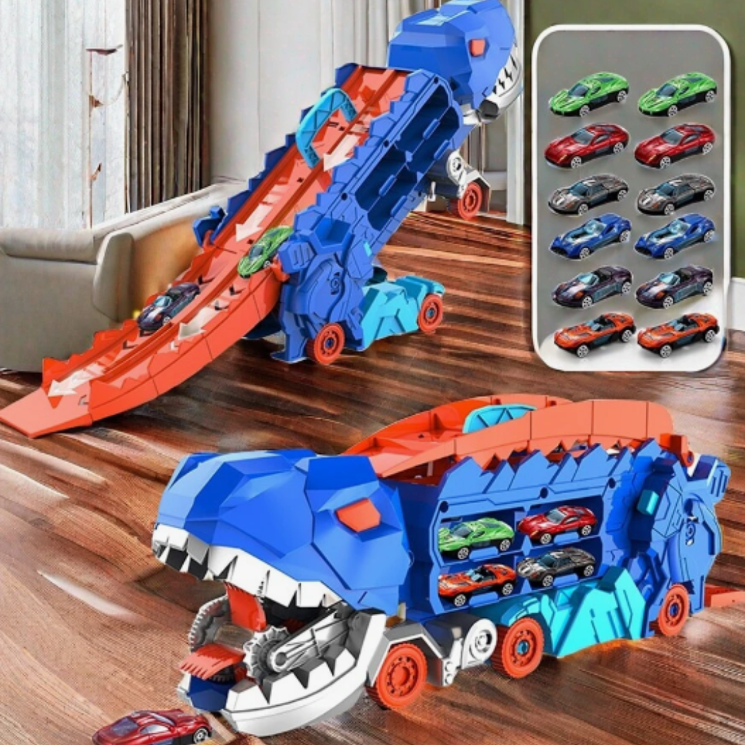 Dinosaurus Transporttruck met Racebanen 3-in-1 speelset met autotransport, opslag en racebanen | Dynamisch speelgoed voor kinderen